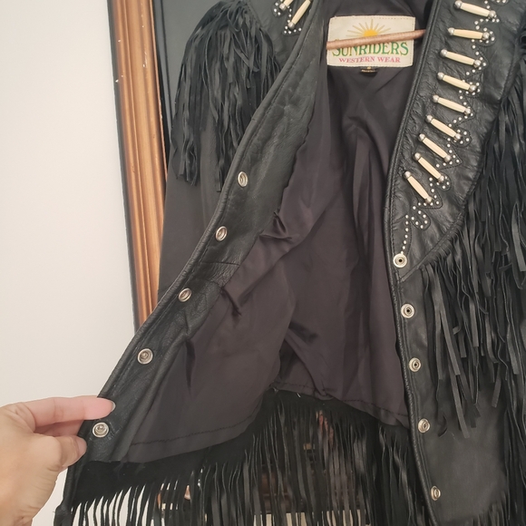 Sunriders Western Womens Fringe Bone Seed Gothic Cowgirl Tassel Leather Jacket - Picture 7 of 10